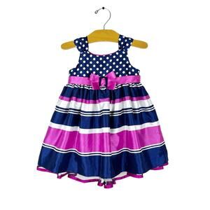 Bonnie Baby Navy & Pink Sleeveless Striped Polka Dot Dress Size 18 Months
